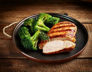 Grilled turkey and broccoli meal on a rustic wooden surface