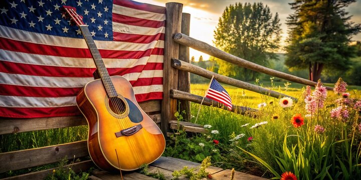 Rustic wooden guitar leaning against vintage wooden fence surrounded by wildflowers and American flags, evoking a