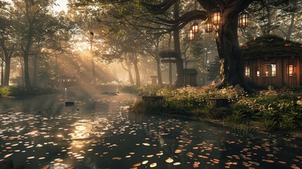 A hidden magical crystal in an ancient city deep within a lush fantasy forest, a backdrop of a magical world.