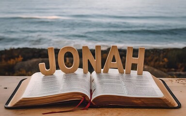 A captivating presentation of the Book of Jonah, featuring an open Bible that highlights the name of the book dramatically