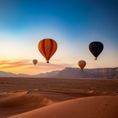Fototapeta premium Hot air balloons over desert at sunrise, embodying adventure and inspiration