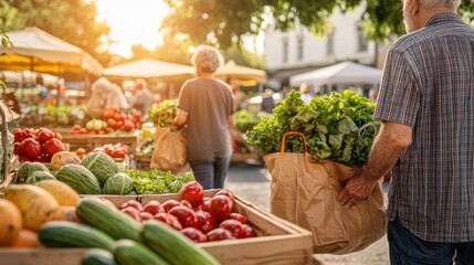Elderly couple at a farmers market, carrying bags of fresh produce, local food choices, nutrition education