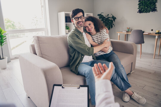 First person view photo of appointment psychotherapist communicate young marriage spouses cuddle visit home office indoors