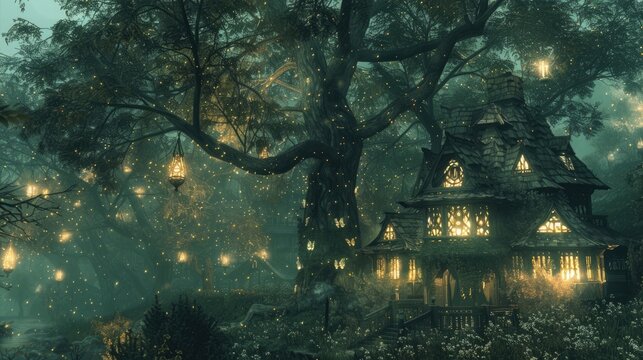 A magical forest adorned with lanterns emitting a magical glow, a backdrop of a whimsical fantasy world.