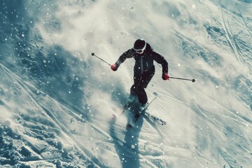 A skier skillfully navigates through deep snow, surrounded by snowflakes in motion, embodying the essence of winter athleticism and thrill.