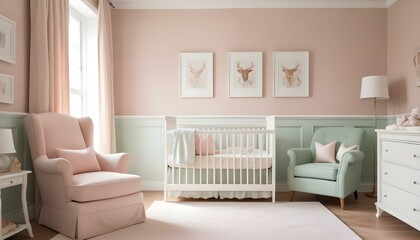 A cozy and elegant nursery with a white crib, a large beige armchair, and framed artwork on the walls.