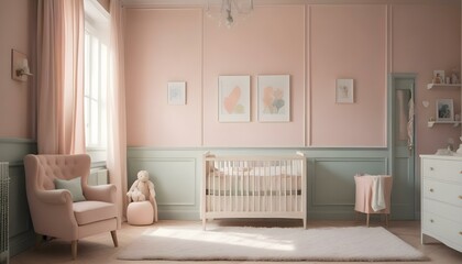 A cozy and elegant nursery with a white crib, a large beige armchair, and framed artwork on the walls.