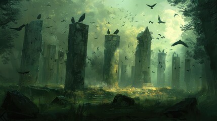 Ancient graveyard ruins with a haunting atmosphere, ideal for a magical fantasy world backdrop.