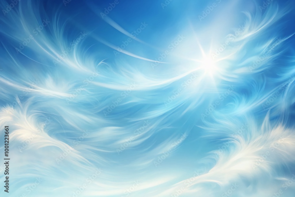 Poster serene abstract blue and white gradient background with delicate wispy clouds and gentle texture, pe