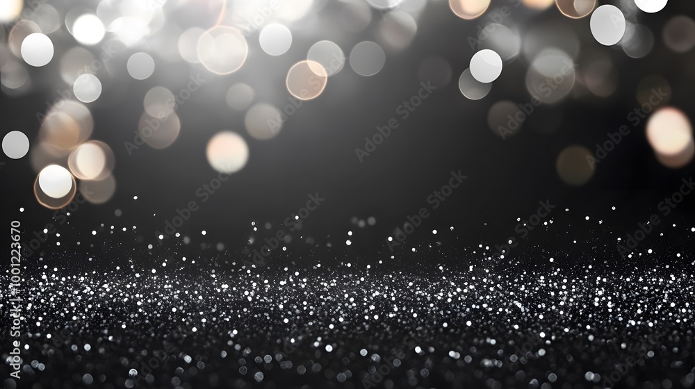 Wall mural a close-up of silver glitter, scattered on a black background, with a shallow depth of field