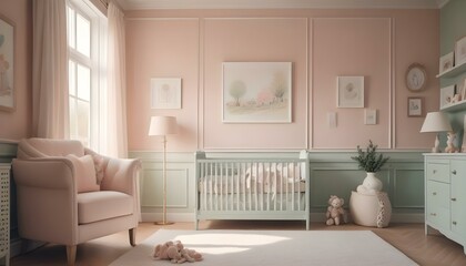 A cozy and elegant nursery with a white crib, a large beige armchair, and framed artwork on the walls.