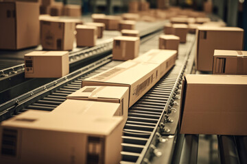 generated illustration of cardboard boxes sitting on a conveyor line at a production facility,