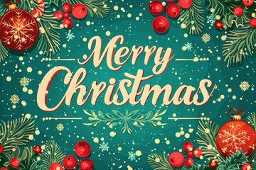 On a green background gift boxes, a Christmas tree, it is snowing "Merry Christmas"