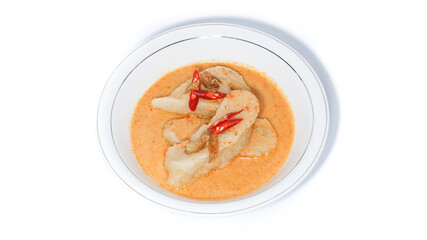 Laksan, a typical food from the city of Palembang (South Sumatra) in Indonesia. Consists of sliced ​​fish cakes served in coconut milk-shrimp sauce, sprinkled with fried shallots.