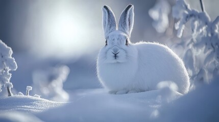 Snowy Hare Resting in a Winter Landscape