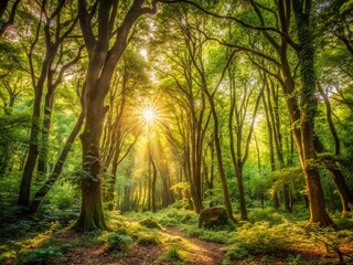 Obraz premium Serene and rustic, a dense thicket of trees stands tall against a muted green and brown backdrop, with