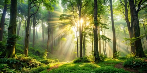 Fototapeta premium Serene and mystical forest landscape featuring towering trees, lush green foliage, and warm sunlight filtering through