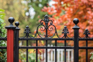 Black wrought iron fence with red accent standing in front of a blurry background with autumn leaves