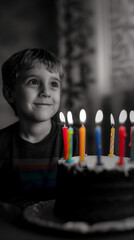 Monochrome portrait of a happy boy sitting behind a birthday cake with colorful, lit candles. Grey background with copy space. Wallpaper screensaver background.