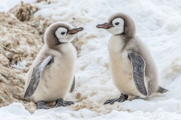 Obraz premium Two fluffy penguin chicks engage in playful interaction on soft snow in Antarctica, showcasing their natural curiosity and innocence