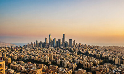 Fototapeta premium A panoramic view of Beirut, Lebanon, at sunset, showcasing the city's skyline with its iconic skyscrapers