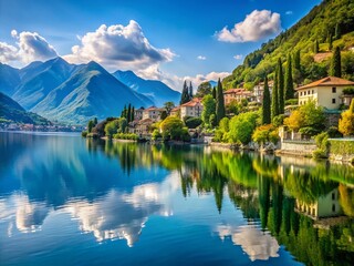 Serene Lake Como, Italy, surrounded by lush greenery and majestic mountains, reflects the vibrant blue sky, creating a