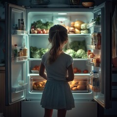 Little Girl Looking Into Empty Fridge at Home, Searching for Food