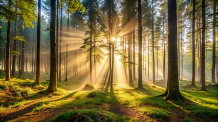 Obraz premium Serene landscape featuring a misty morning backdrop with sunlight filtering through a dense copse of towering trees,
