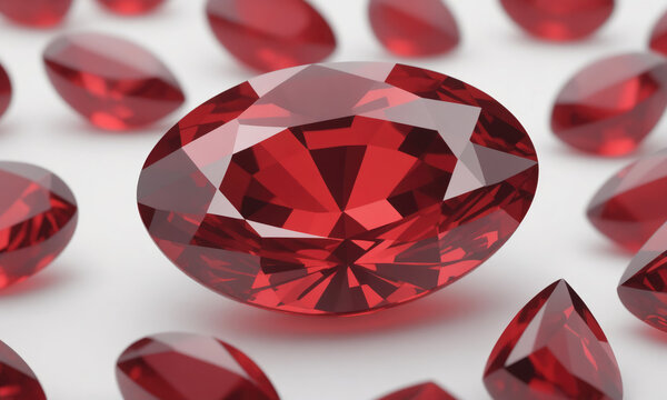 A large, oval-shaped ruby sits among other rubies, showcasing its vibrant red hue and intricate facets