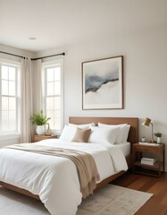 A cozy bedroom with a large window, a framed artwork on the wall, and a bed with white bedding.