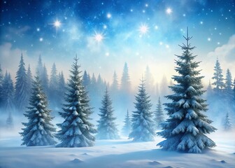 Naklejka premium Serene landscape of snow-covered evergreen trees surrounded by misty fog, set against a soft blue winter sky with
