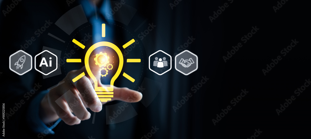 Poster businessman touching virtual lightbulb icon representing innovation and ai technology with icons of 