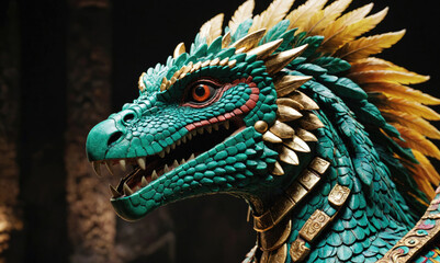 Obraz premium A close-up shot of a green and gold dragon's head, with sharp teeth and a fierce expression, captured against a dark backdrop