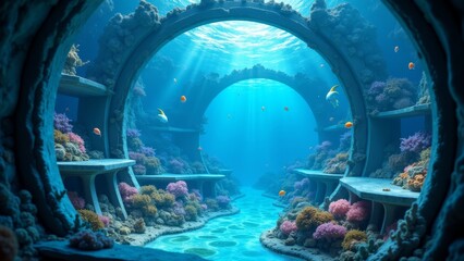 Generative AI, a underwater scene with a large aquarium and corals and fish in it's water tank, with a fish swimming in the water, 3 d render, a matte painting, fantasy art
