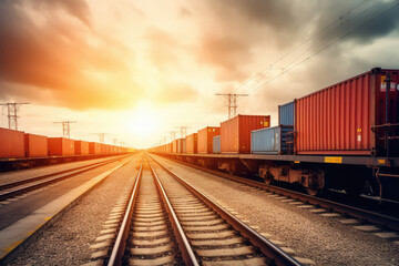 Fototapeta premium generated illustration of background container Freight Train in Station, Cargo railway transportation industry