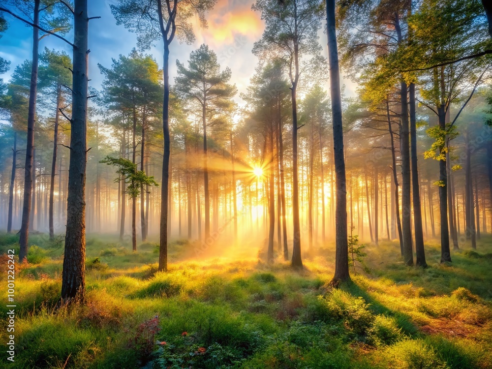 Poster serene misty forest landscape at dawn with soft, warm light filtering through foggy trees, creating 