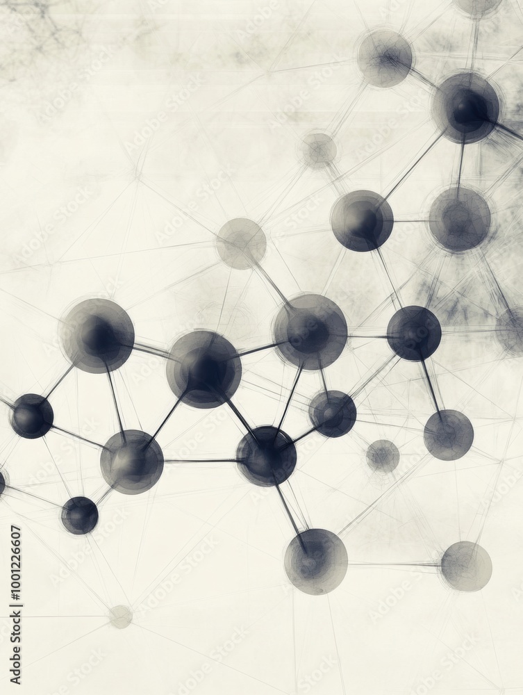 Poster Interconnected molecules and chemical structures form an abstract composition, conveying the essence of scientific research and discovery