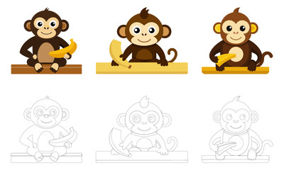 Illustration of the different positions of a monkey on a white background
