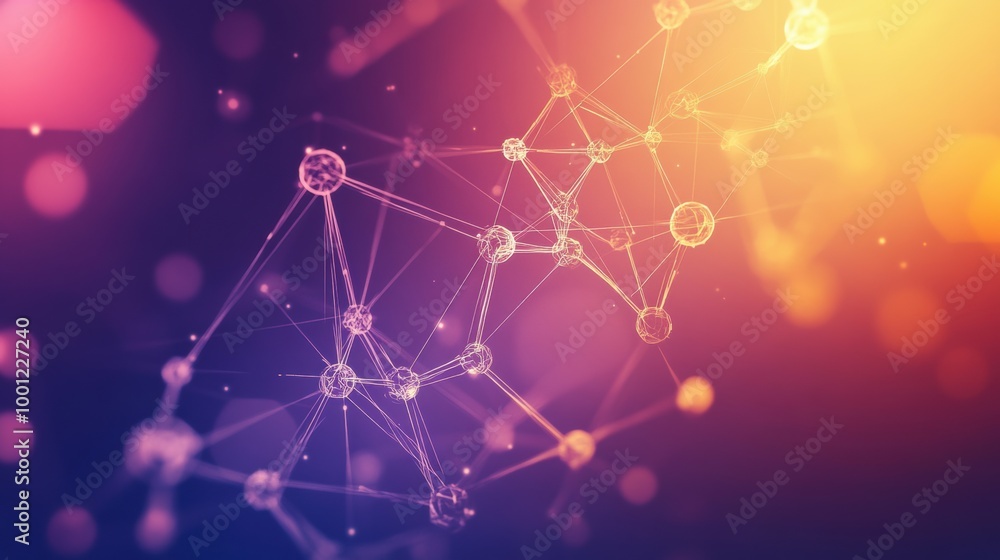 Poster abstract background featuring molecules and chemical structures illuminated by vibrant light effects