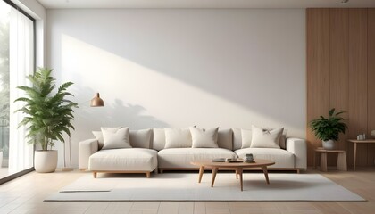 A modern, minimalist living room with a large, comfortable sectional sofa in neutral tones, wooden accents, and a bright, airy atmosphere.