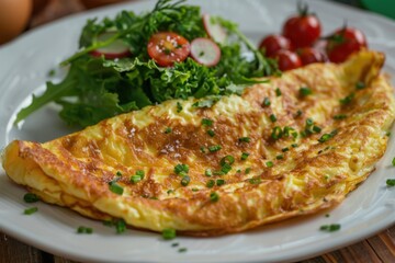 Fluffy omelette served with fresh greens and cherry tomatoes for a healthy breakfast