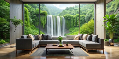 Fototapeta premium Serene modern living room with sleek gray sofa, wooden coffee table, and floor-to-ceiling windows overlooking a lush
