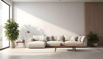 A modern, minimalist living room with a large, comfortable sectional sofa in neutral tones, wooden accents, and a bright, airy atmosphere.