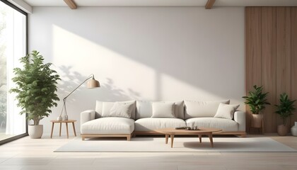 A modern, minimalist living room with a large, comfortable sectional sofa in neutral tones, wooden accents, and a bright, airy atmosphere.