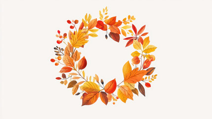 A beautiful autumn leaves wreath featuring vibrant shades of orange, yellow, and red. This charming illustration brings a touch of fall warmth and nature to any design