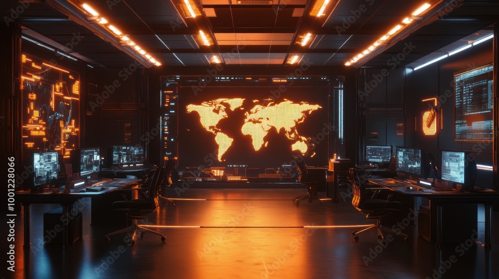 Poster futuristic control room with global network map