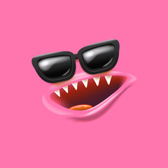 Vector Cartoon monster face with sunglasses, open mouth, fangs isolated on pink background. Pink Funny and cute Halloween Monster open mouth with big vampire fangs.