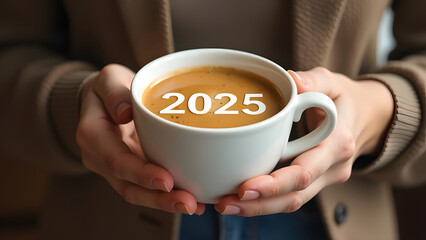 A girl holds a cup of coffee in her hands, with the number 2025 in the coffee