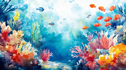 Naklejka premium Watercolor painting of an underwater scene with colorful coral and fish.
