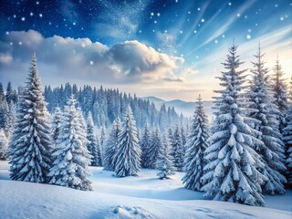 Naklejka premium Serenene winter landscape featuring softly falling snowflakes, dense evergreen trees, and a gentle slope covered in a